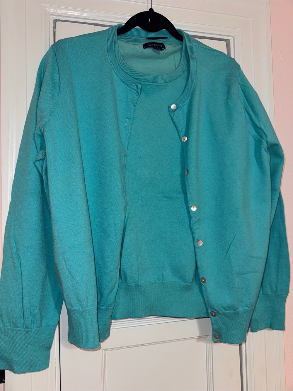 Lands' End Teal Twinset: Crewneck Sweater with Button-Front Cardigan